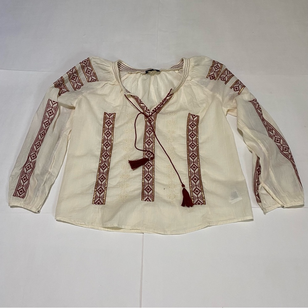 28. ⭐️American Eagle Outfitters Boho Cream Tie Front Blouse with Bib Collar - Picture 2 of 7